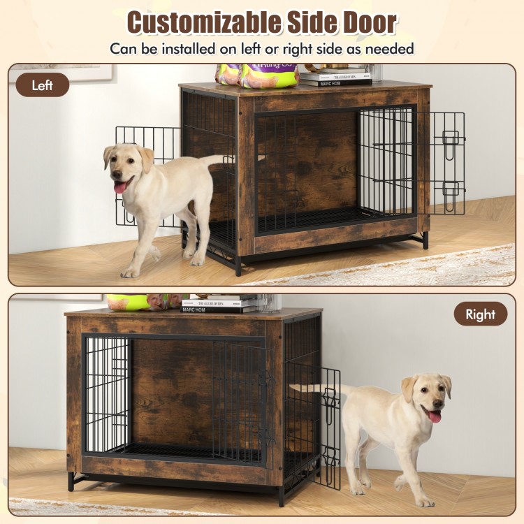 Dog crate furniture with customizable side door, double lockable doors, and removable pull-out tray for versatile use.