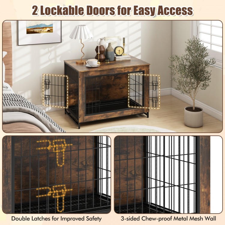 Dog crate furniture with double lockable doors, removable tray, and chew-proof metal mesh wall for versatile use.