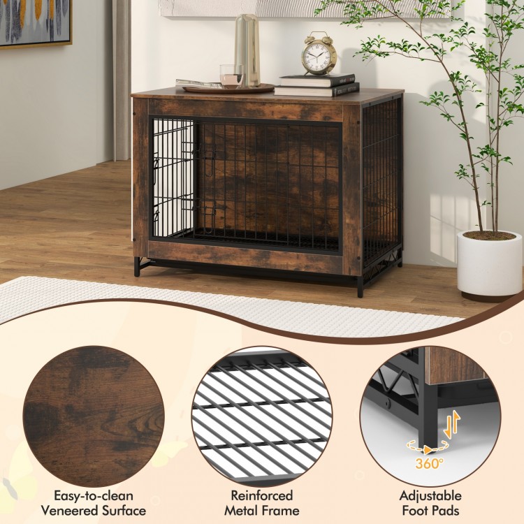 Dog crate furniture with a veneered surface, double lockable doors, and adjustable foot pads for versatile use.