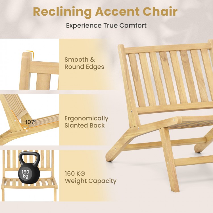 Teak wood outdoor reclining chair showcasing a slanted backrest, smooth edges, and a 352 lbs weight capacity for.