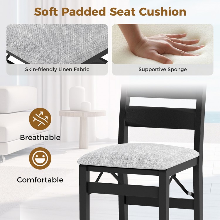 Modern upholstered folding chair with comfy backrest, black, featuring breathable linen fabric and cushioned seat for.