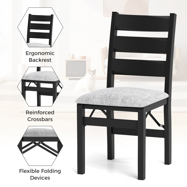 Black modern upholstered folding chair with ergonomic backrest and cushioned seat, ideal for dining and gatherings.
