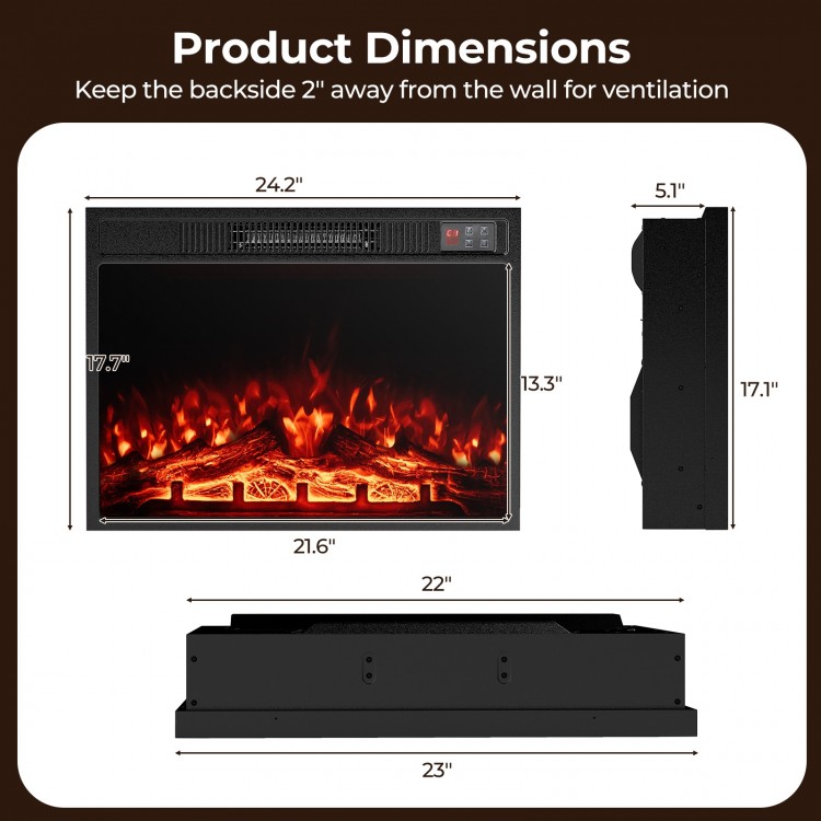 Dimensions of the 23 Inch Electric Fireplace Insert, featuring adjustable flame color and thermostat control for.