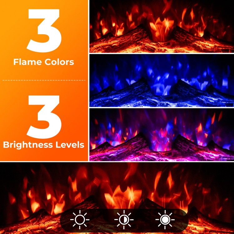 Electric fireplace insert showcasing 3 flame colors and 3 brightness levels, perfect for year-round decoration.