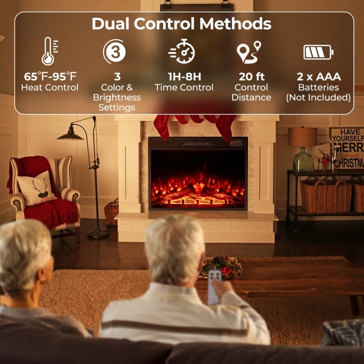 23-inch electric fireplace insert with adjustable flame color, remote control, and 5000 BTU heat output for cozy warmth.