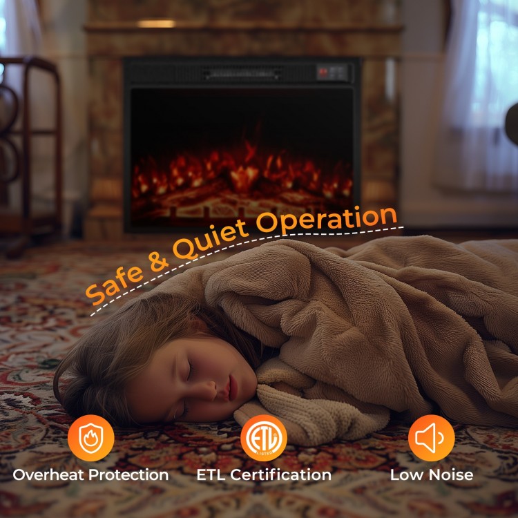 23-inch electric fireplace insert with adjustable flame color, featuring low noise operation and overheat protection.