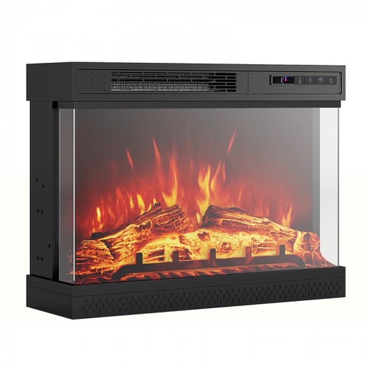 24-inch electric fireplace heater with 3-sided glass, featuring a control panel for easy operation and thermostat.