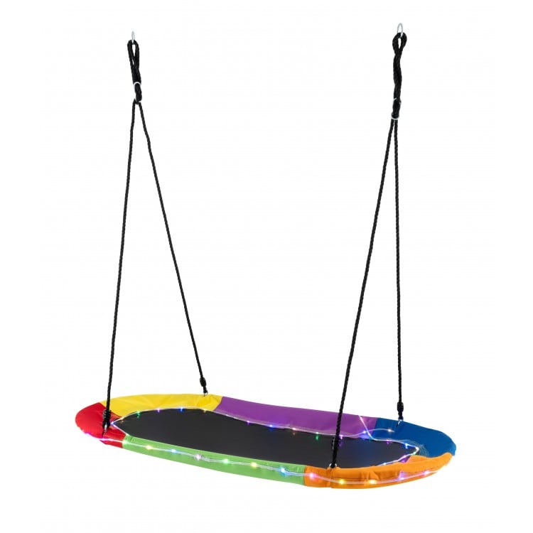 Colorful 60-inch saucer swing with LED lights, sturdy steel frame, and Oxford fabric seat, perfect for outdoor fun.