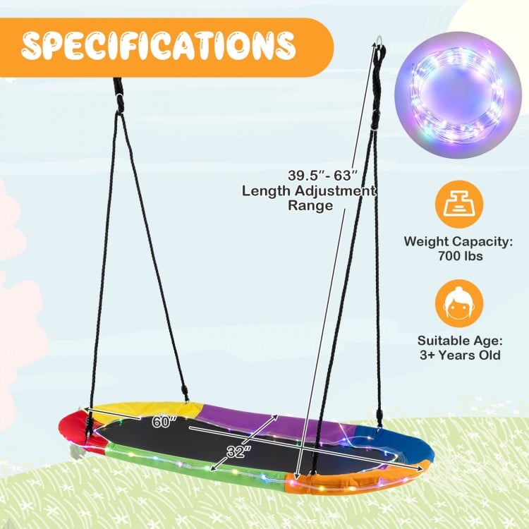 60-inch multicolor saucer swing with LED lights, sturdy steel frame, holds 700 lbs, ideal for kids and adults.