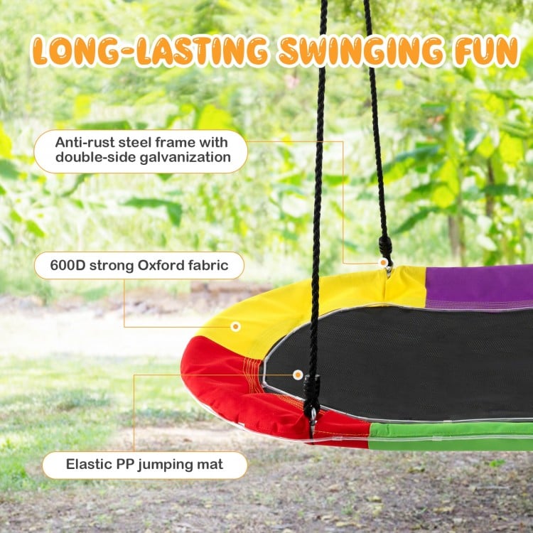 60-inch multicolor saucer swing with LED lights, sturdy steel frame, and strong Oxford fabric for kids and adults.