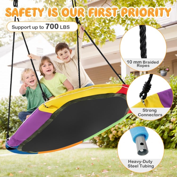 Multicolor 60-inch saucer swing with LED lights, sturdy Oxford fabric seat, supports up to 700 lbs for outdoor fun.