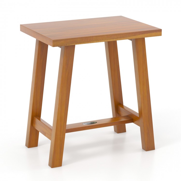 Teak shower stool with solid wood legs, 18" height, ideal for bathrooms or as a small side table.