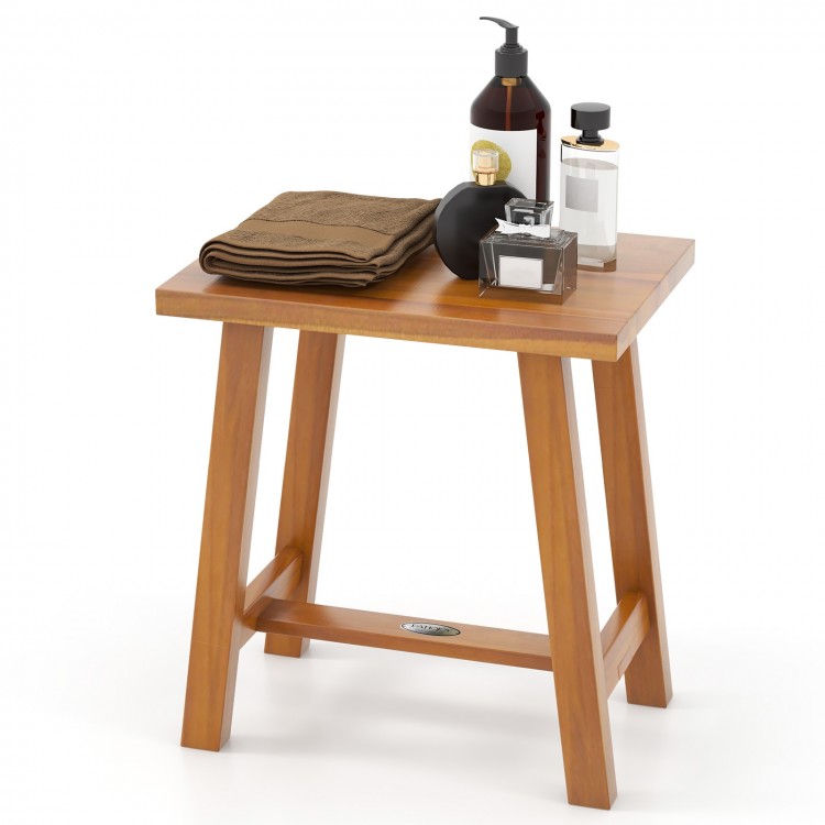 Teak shower stool with a smooth surface, ideal for shaving legs or as a small side table in bathrooms or living rooms.