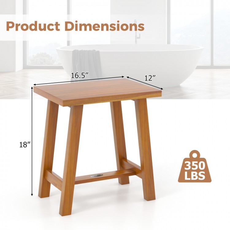 Teak shower stool with 18" height, supports 350 lbs, ideal for bathrooms or as a small side table.