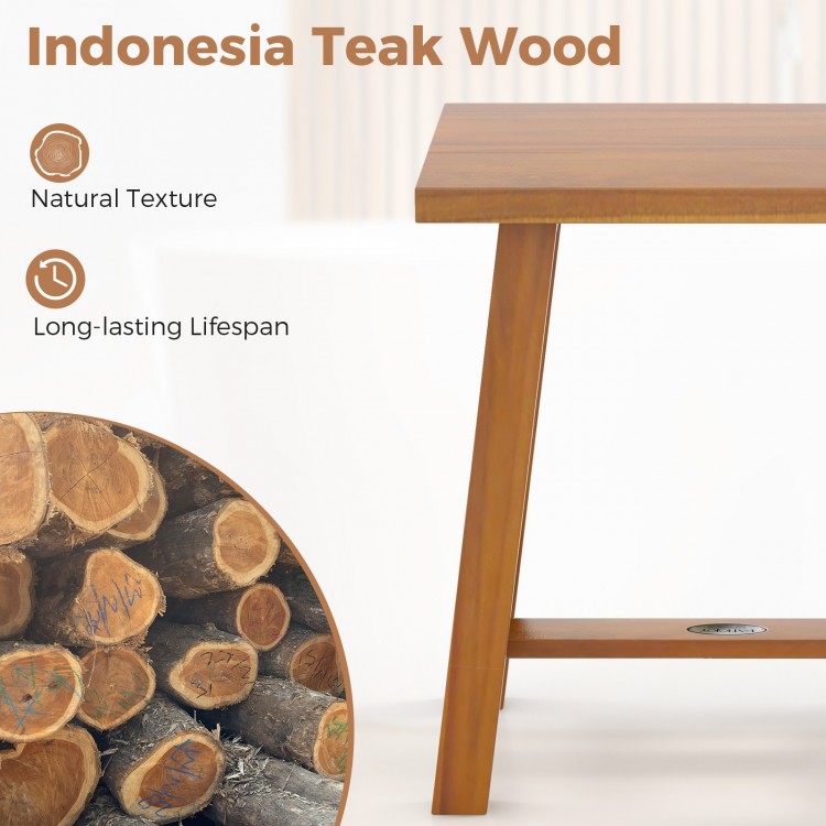Teak shower bench showcasing natural texture, solid wood legs, and water-based finish for bathroom use and stability.