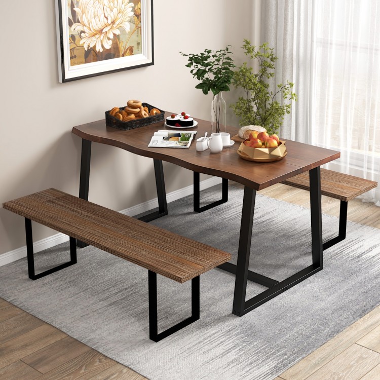 Large 63" dining table with wavy edge, heavy-duty metal frame, and wood grain surface, ideal for dining or office use.