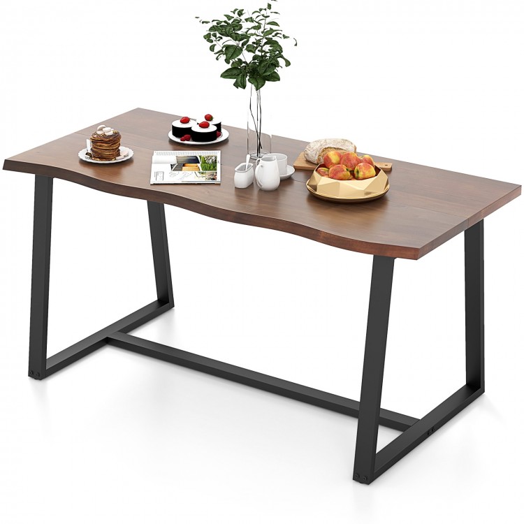 Large dining table with wavy edge, heavy-duty metal frame, and elegant wood grain surface, suitable for 4-6 people.