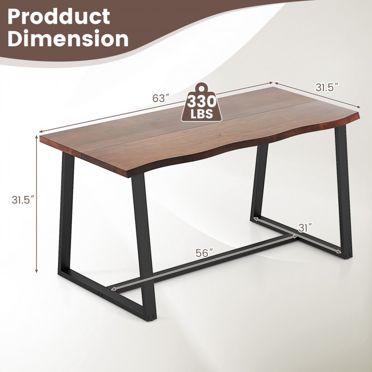 Large 63" dining table with wavy edge, heavy-duty metal frame, suitable for 4-6 people, ideal for dining or office use.