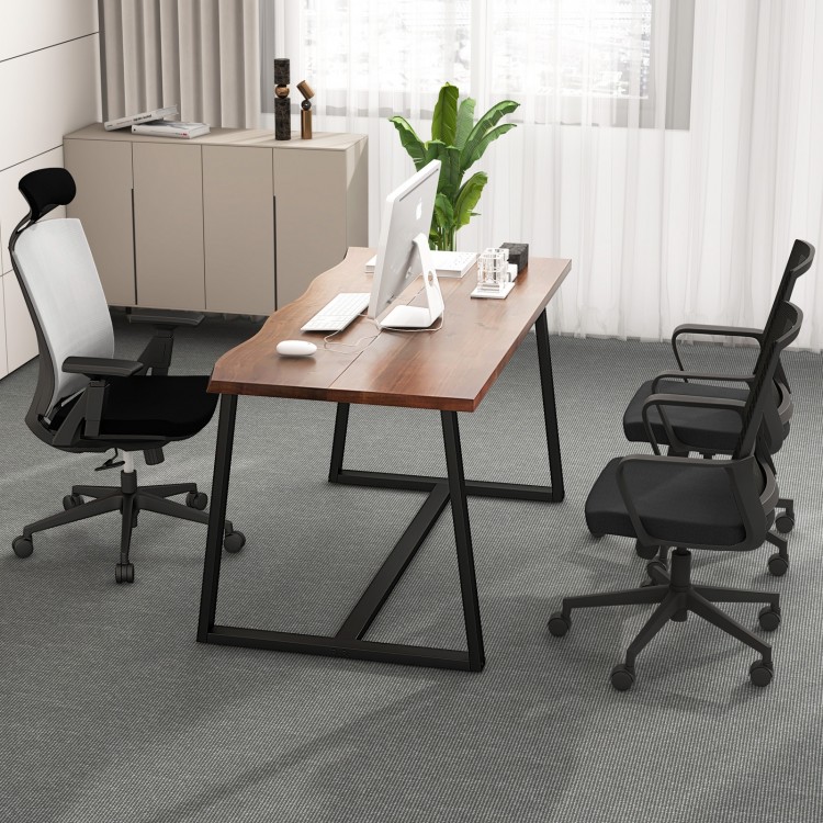 Large dining table with wavy edge, heavy-duty metal frame, and elegant wood grain, suitable for dining or office use.