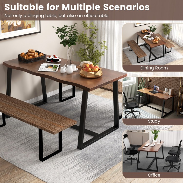 Large 63" dining table with wavy edge, heavy-duty metal frame, ideal for dining or office use, seats 4-6 people.