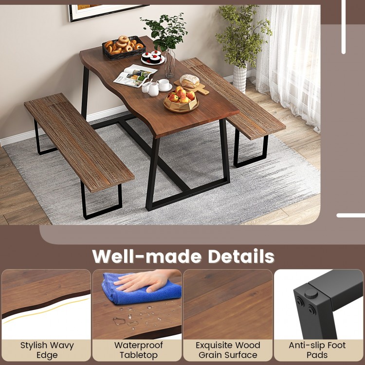 Large 63" dining table with wavy edge, waterproof surface, and heavy-duty metal frame, ideal for dining or office use.