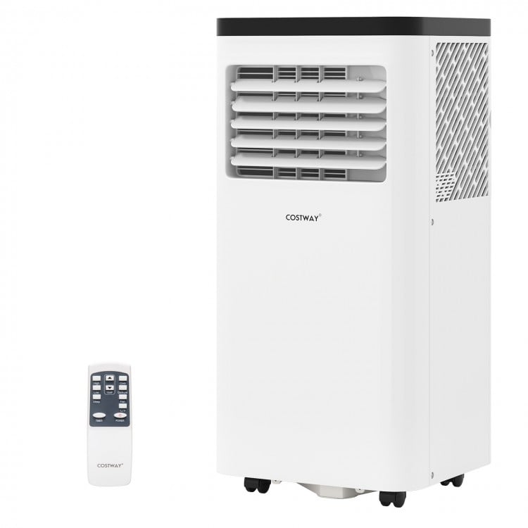 8000 BTU portable air conditioner with remote control, designed for rooms up to 350 sq. ft, featuring 3-in-1.