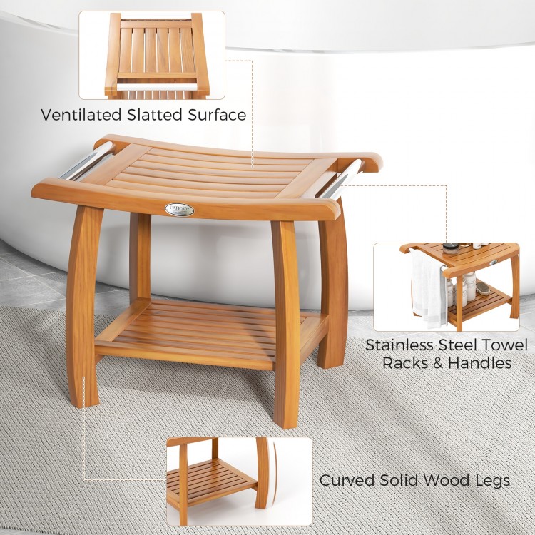Teak wood shower bench with curved seat, stainless steel towel racks, and ventilated slatted surface for bathroom use.