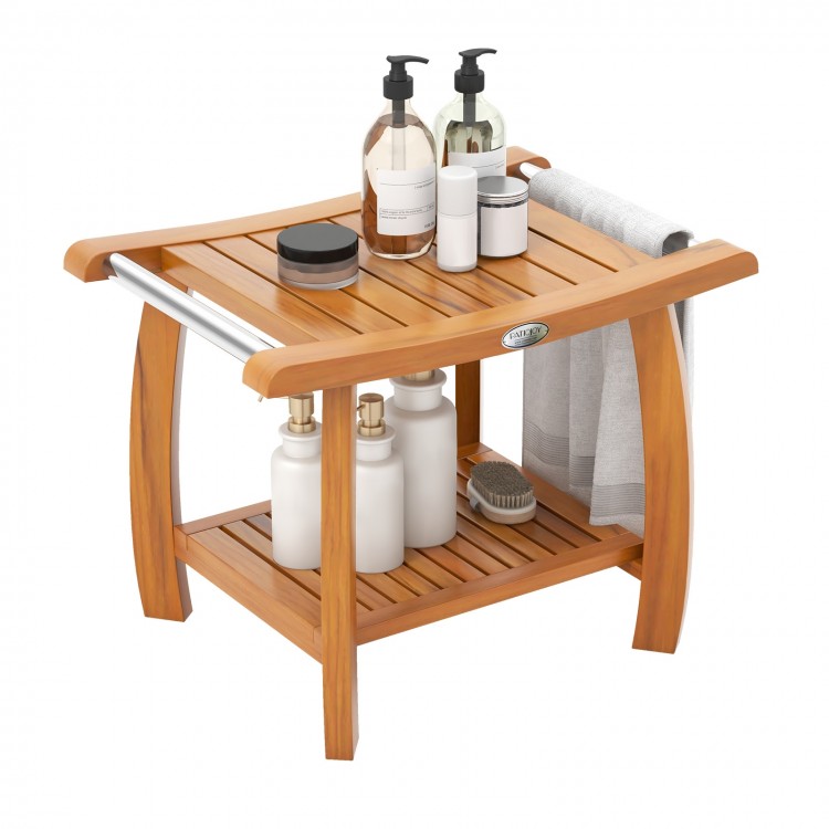 Teak wood shower bench showcasing the double-layer open shelf, ideal for storing bathroom essentials or as a plant.