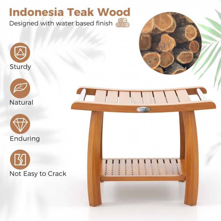 2-tier teak wood shower bench with curved seat and handles, featuring a ventilated surface and sturdy design for.
