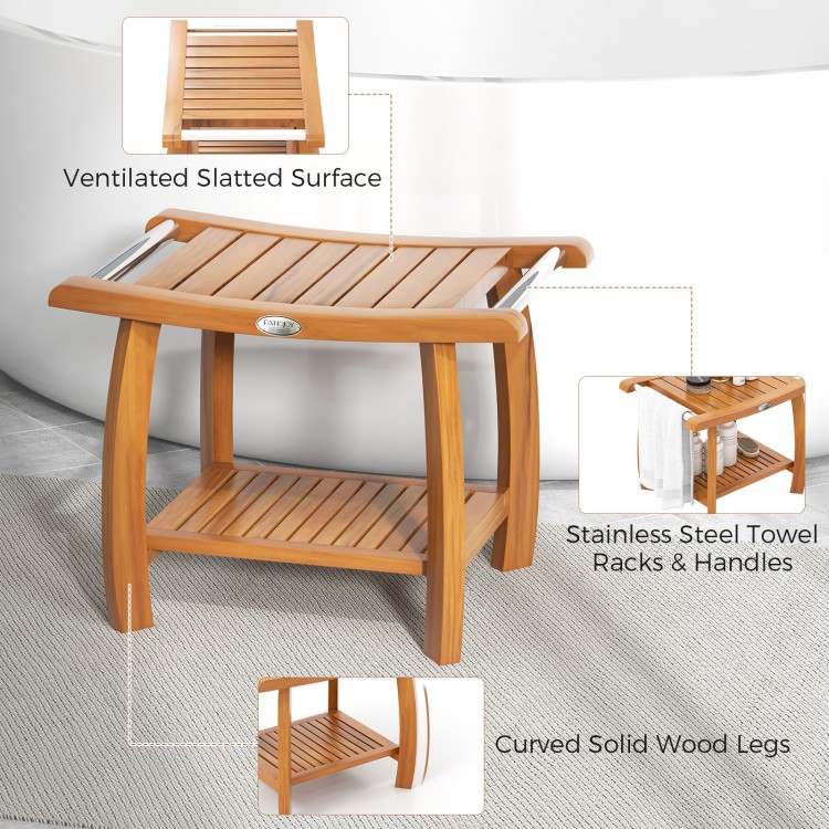 2-tier teak wood shower bench with stainless steel towel racks, curved legs, and ventilated slatted surface for.