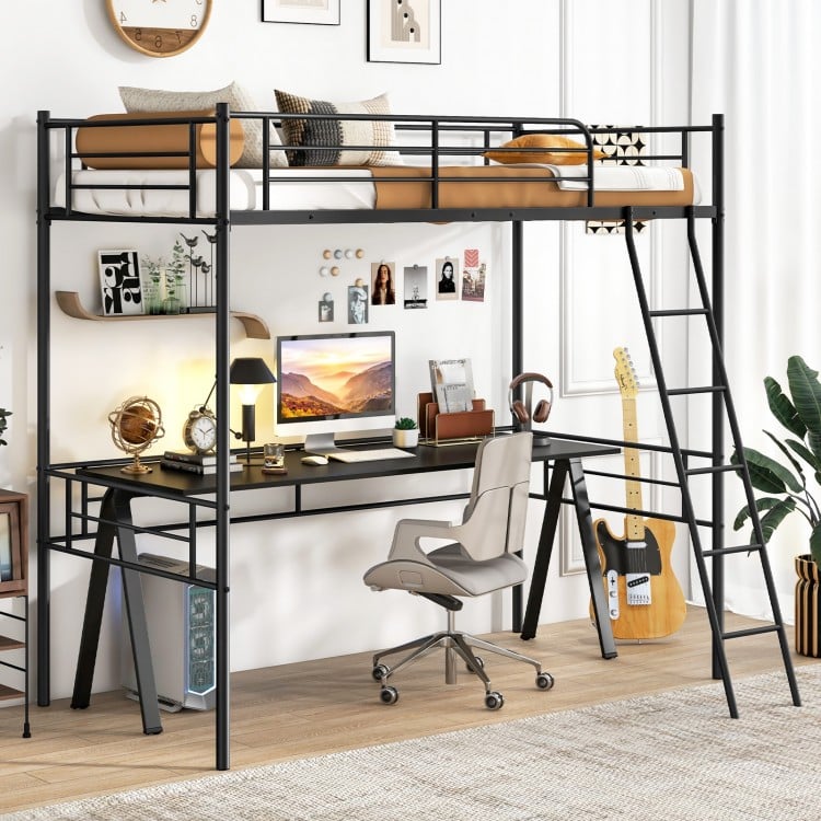 Twin size black metal loft bed with ladder, guardrails, and under-bed space for study or leisure activities.