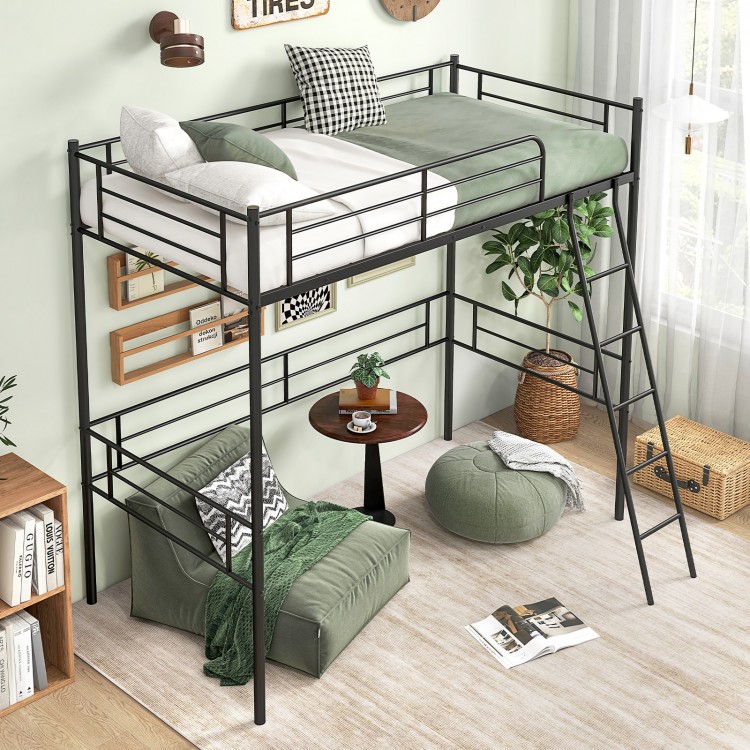 Twin size black metal loft bed with ladder and guardrails, featuring under-bed space for gaming or study.