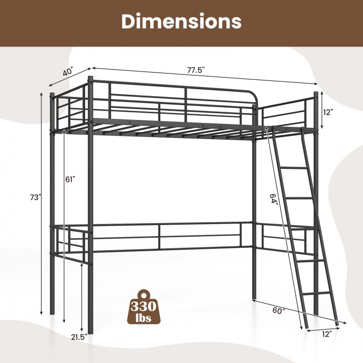 Dimensions of the Twin Size Loft Bed in black, featuring a metal frame, 61" under bed space, and 330 lbs capacity.