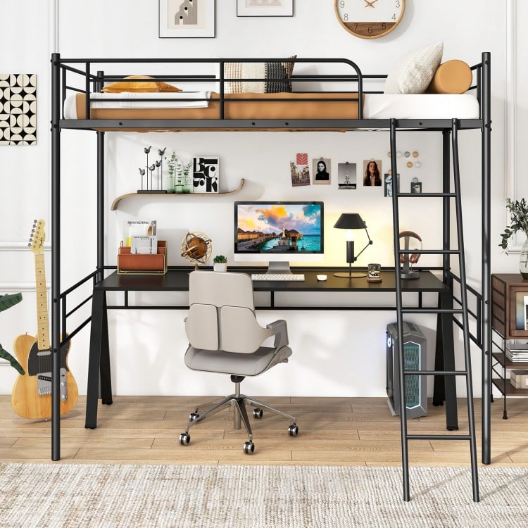 Twin size black metal loft bed with ladder and guardrails, featuring an under-bed workspace for study or gaming.