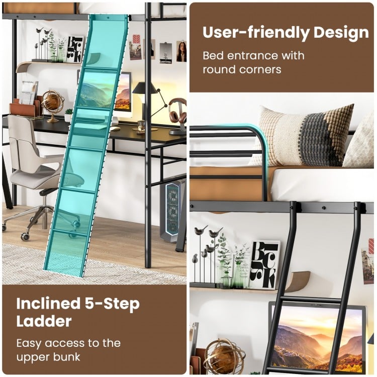 Inclined 5-step ladder of the Twin Size Loft Bed in black, designed for easy access to the upper bunk with round.