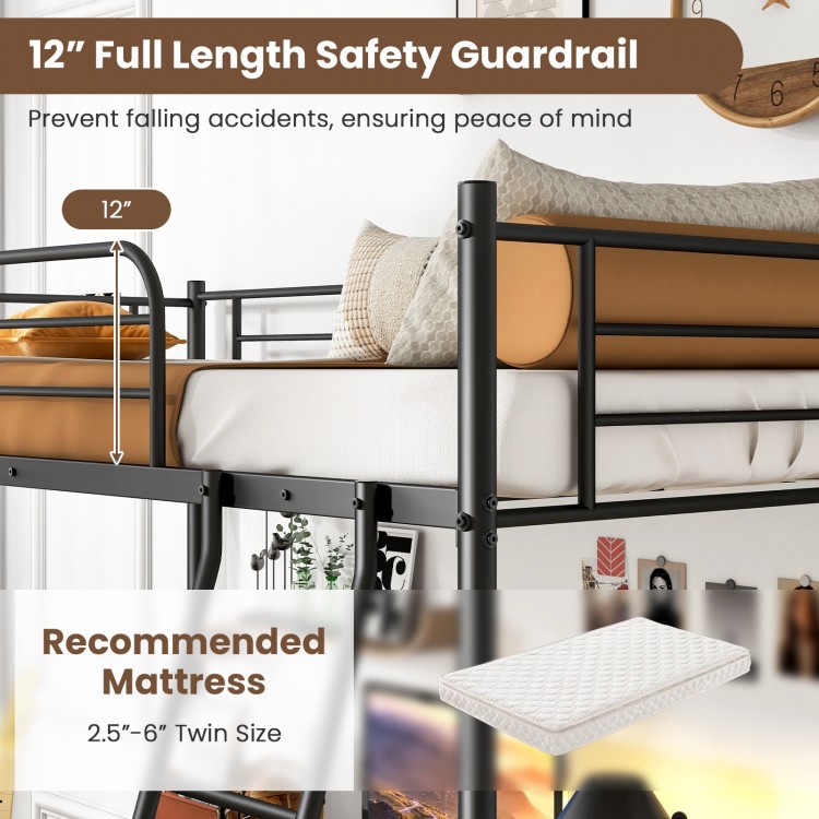 Twin size loft bed frame in black with 12" safety guardrail and inclined ladder, ideal for maximizing space utilization.