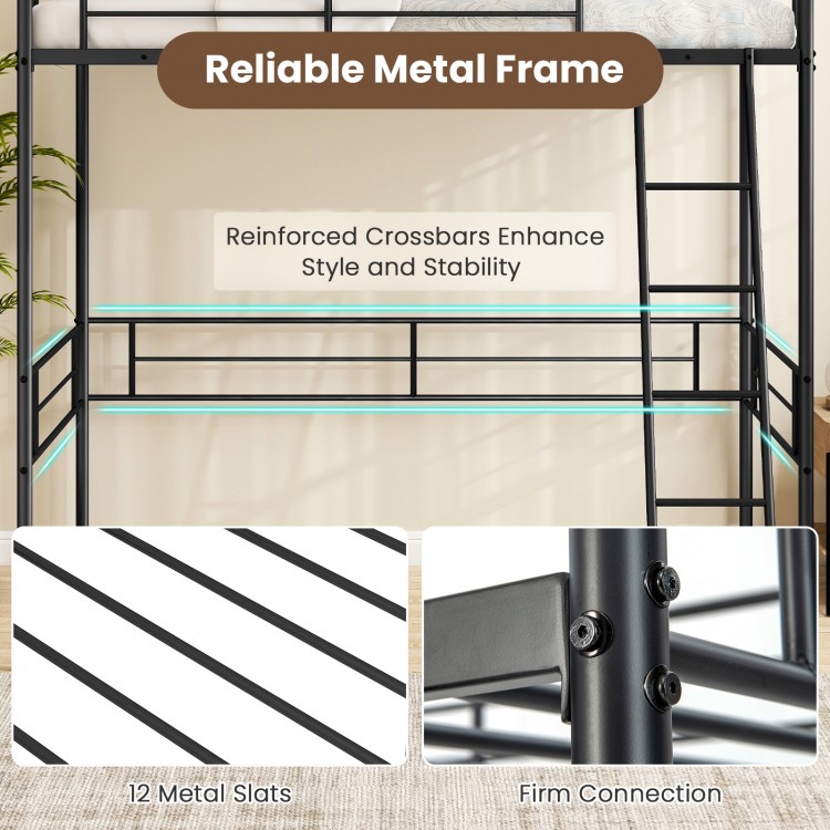 Twin size loft bed frame in black with reinforced crossbars, 12 metal slats, and safety guardrails for stability.