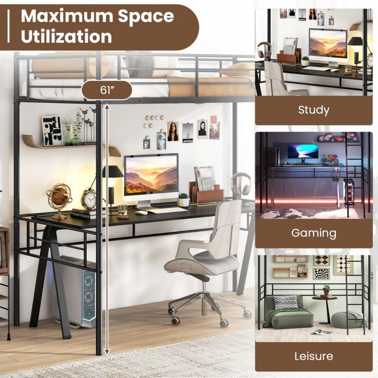 Twin size loft bed in black with 61" under bed space, ideal for study, gaming, or leisure activities.