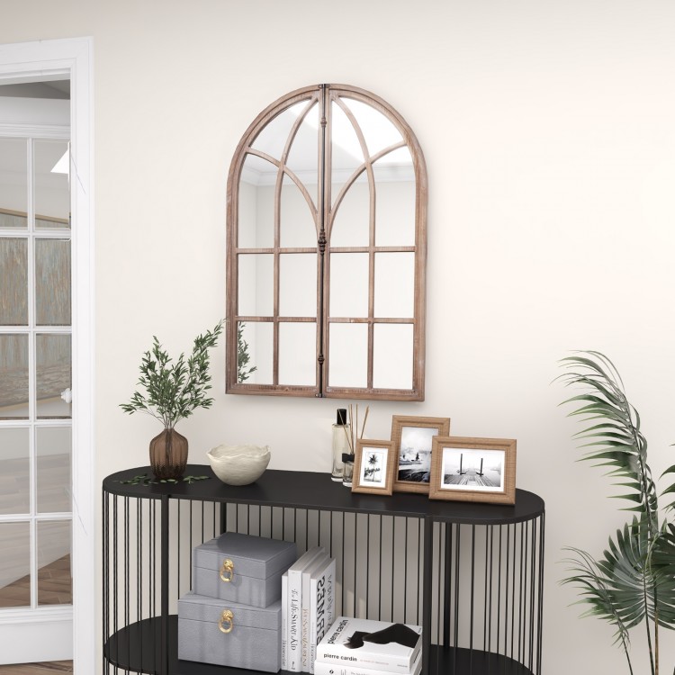 Arched window pane mirror with rustic wooden frame, ideal for living room or entryway, enhancing light and space.