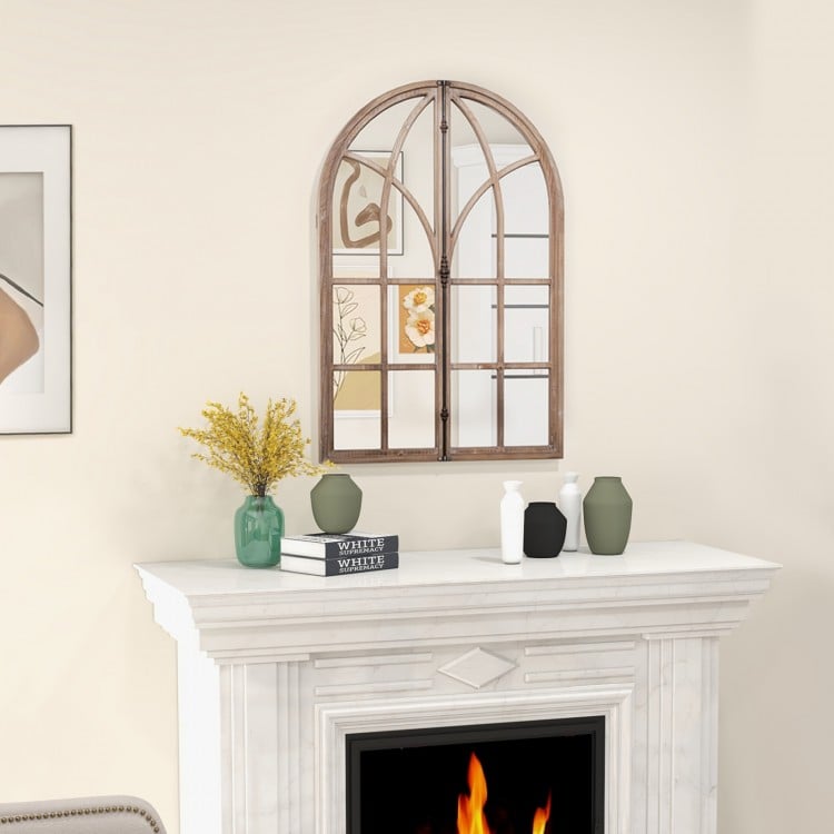 Arched window pane mirror with rustic wooden frame, ideal for living rooms and entryways, enhancing charm and.