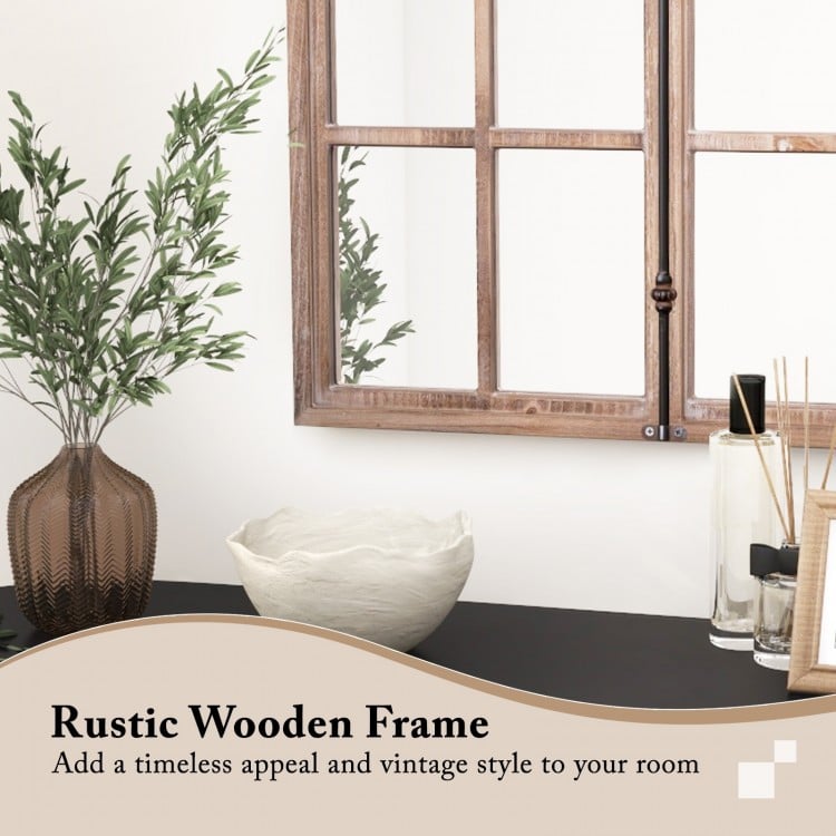 Rustic wooden frame arched window pane mirror, ideal for living rooms and entryways, enhancing charm and brightness.