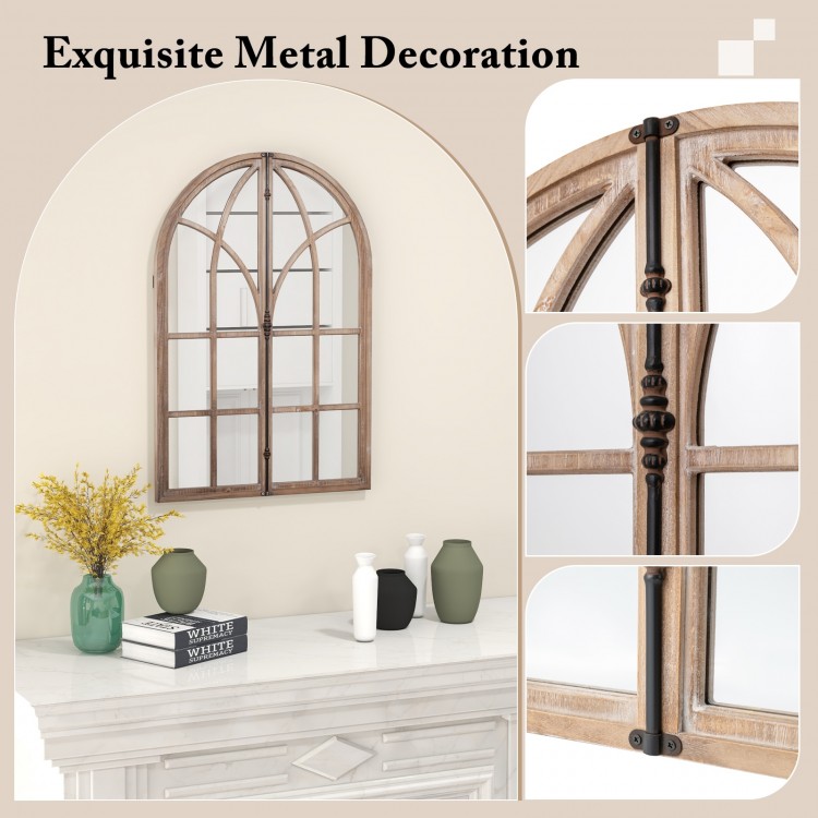 Arched window pane mirror with rustic wooden frame and metal decoration, perfect for living room or entryway decor.