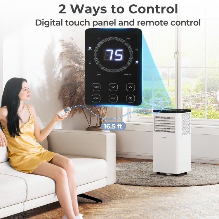 Digital touch panel and remote control of the 8000 BTU portable air conditioner for easy temperature adjustment.