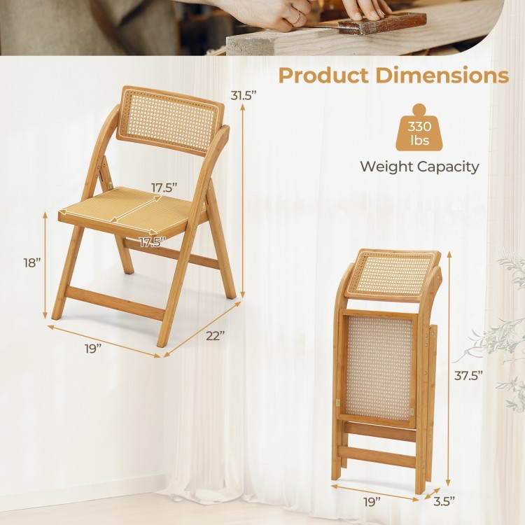 Rattan cane folding dining chair dimensions with rotatable backrest, natural bamboo wood, supports 330 lbs.