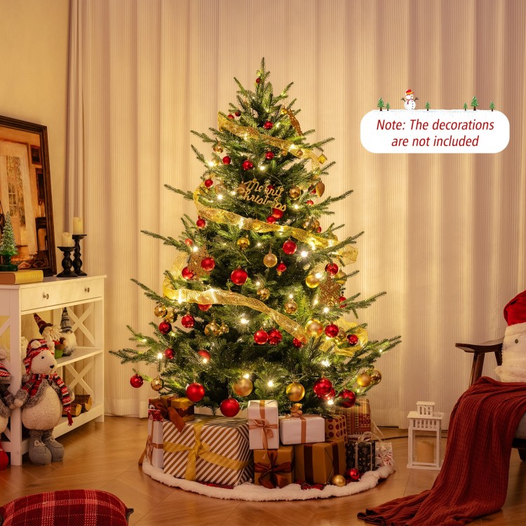 6 FT pre-lit artificial Christmas tree with 778 PVC and PE branch tips, featuring warm white LED lights for festive.