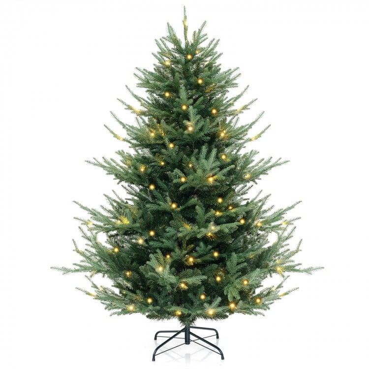 6 FT pre-lit artificial Christmas tree with 778 PVC and PE branch tips, featuring warm white LED lights for a cozy glow.