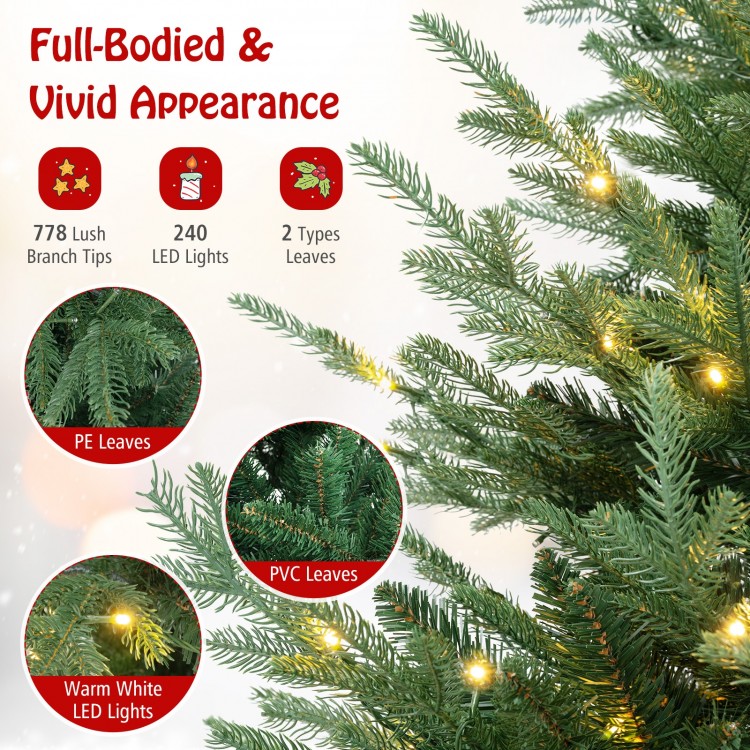 Close-up of 778 branch tips on a 6 FT pre-lit artificial Christmas tree, showcasing realistic PVC and PE leaves with.