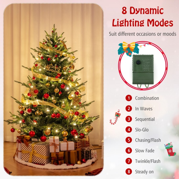 6 FT pre-lit artificial Christmas tree with 778 PVC and PE branch tips, featuring 8 dynamic lighting modes for festive.