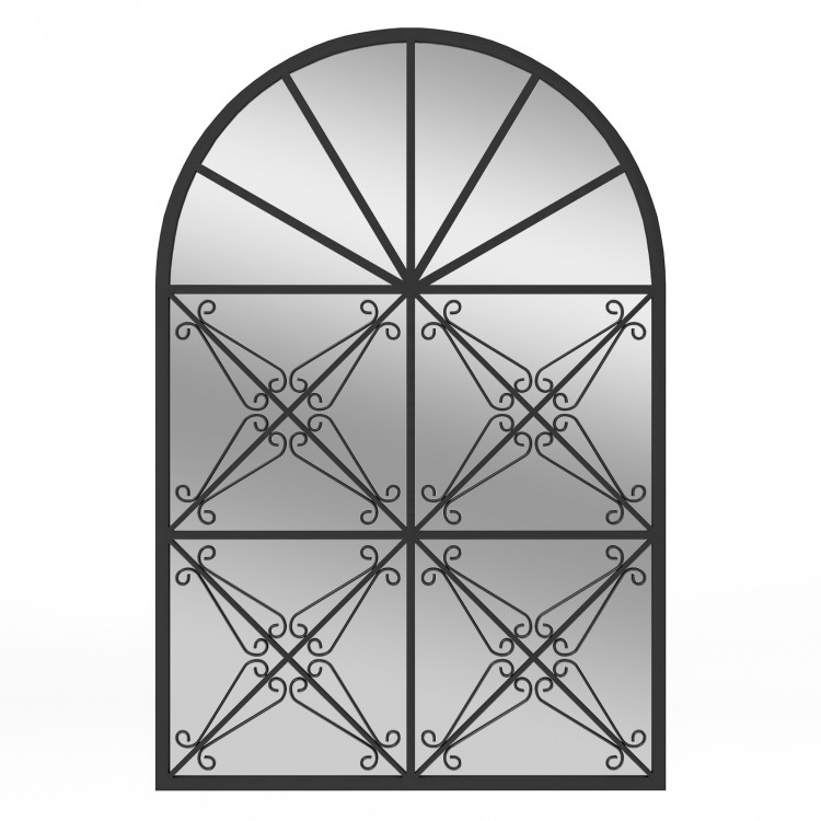 Arched window pane mirror featuring elegant metal detailing, perfect for enhancing light and style in any entryway.