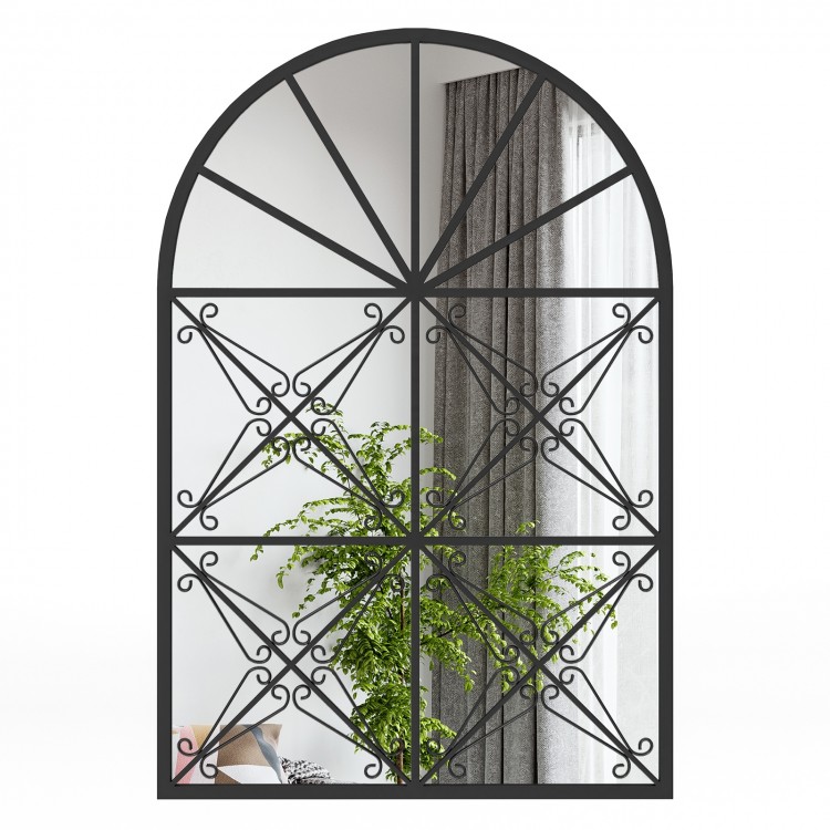 Arched window pane mirror with a black metal frame, 23x34 inches, ideal for brightening living rooms and bedrooms.